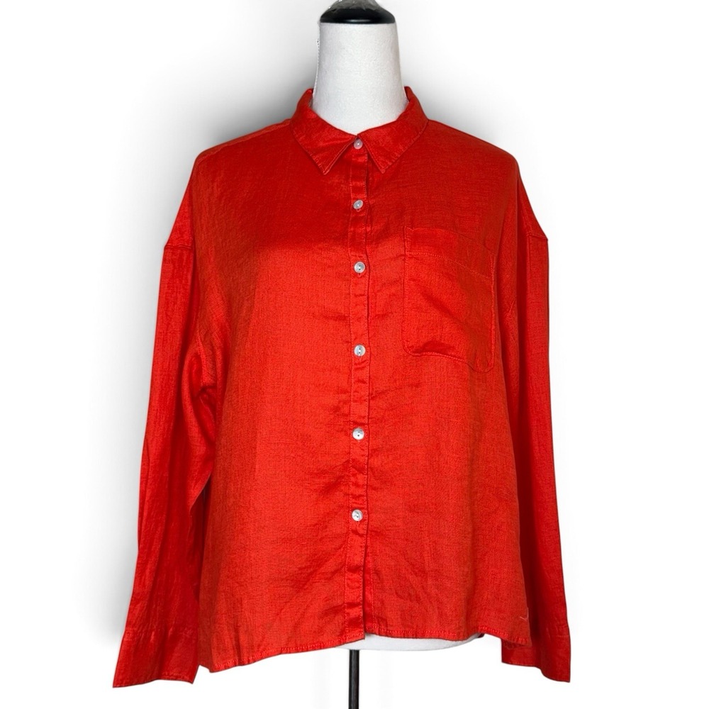 Nicole Miller 100% Linen Button Up Shirt Large Red Coastal Beach Minimalist Work